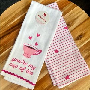 Set of Two Tea Themed Dish Towels, Pink Hearts